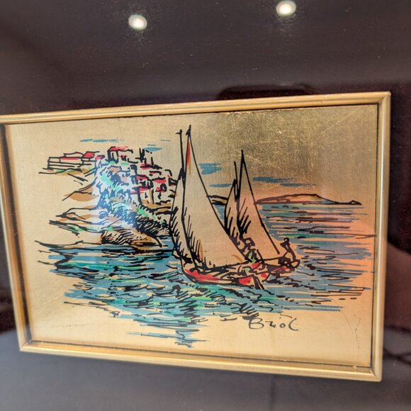 Vintage Italian Picture of sail boats along the coast on gold leaf and hand pain - Picture 2 of 11